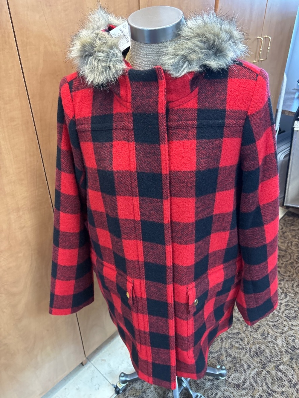 NWT J Crew Red/ Black Buffalo Plaid Vail Hooded Parka Coat 12
